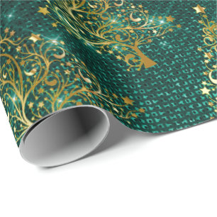 Elegantes Gold & Mint Glitzer Weihnachtsbaum Muste Geschenkpapier
