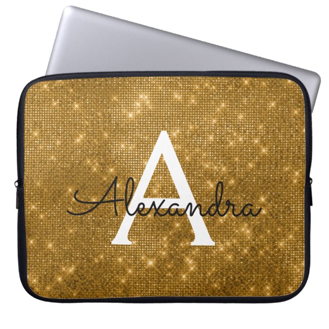 Elegantes Gold Modernes Sparkle Monogram Laptopschutzhülle (Vorderseite)