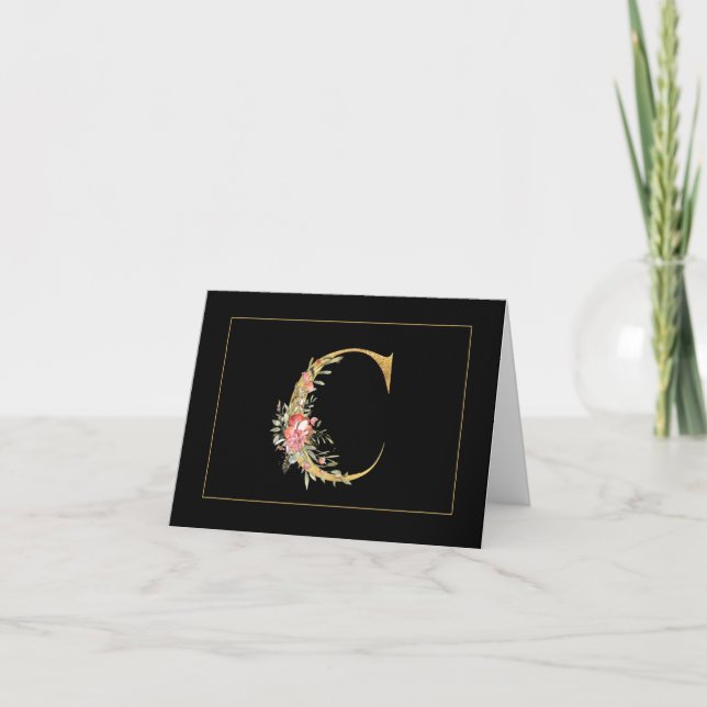 Elegantes Gold Monogram C mit rosa Blume (Vorderseite)