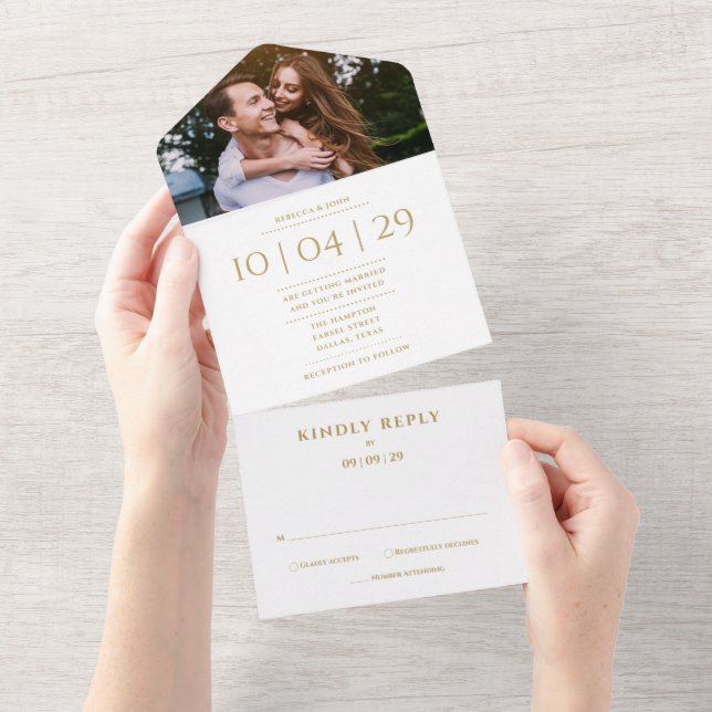 Elegantes Gold Monogram Foto Hochzeitdatum All In One Einladung (Abreißen)