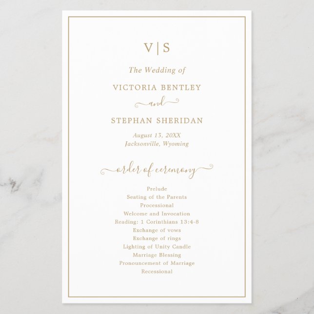 Elegantes Gold Monogram Hochzeitsprogramm (Vorne)