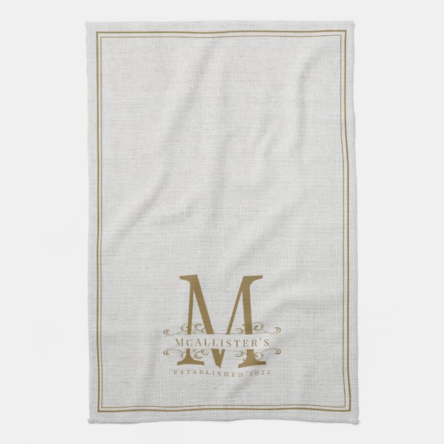 Elegantes Gold Monogram Linen Family Gründungsjahr Geschirrtuch (Vertikal)