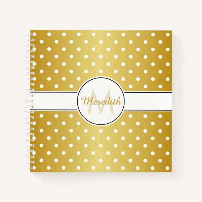 Elegantes Gold Monogram Polka Dot Muster Notizbuch (Vorderseite)