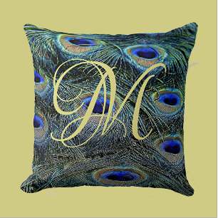 Elegantes Gold Monogramm Farbige Pfauenfedern Kissen