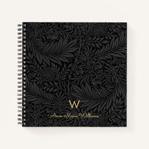 Elegantes Gold-Monogramm Name Schwarzes Blumenmust Notizbuch