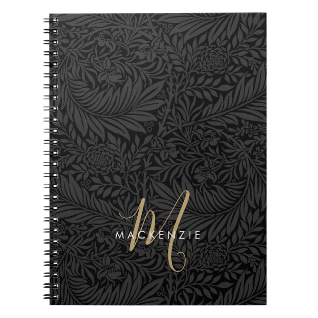 Elegantes Gold-Monogramm Schwarzes Blumenmuster Notizblock (Vorderseite)