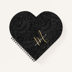 Elegantes Gold-Monogramm Schwarzes Blumenmuster Notizbuch