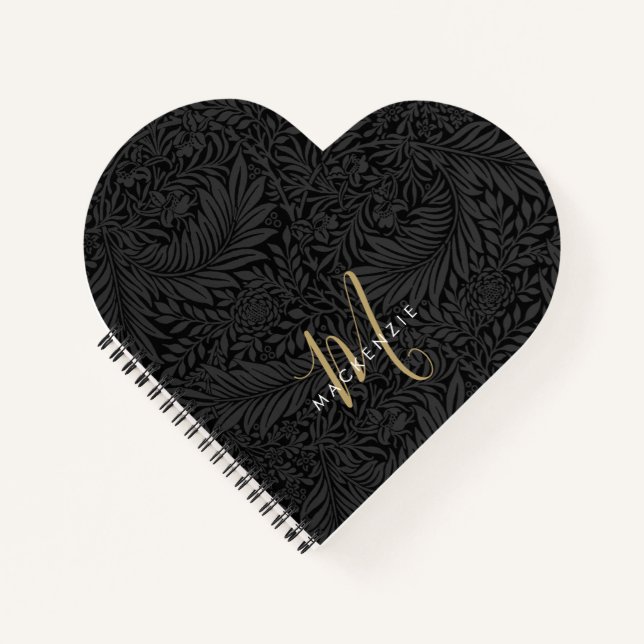 Elegantes Gold-Monogramm Schwarzes Blumenmuster Notizbuch (Vorderseite)