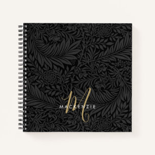 Elegantes Gold-Monogramm Schwarzes Blumenmuster Notizbuch