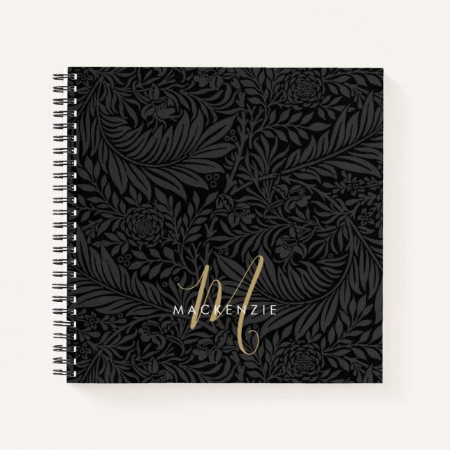 Elegantes Gold-Monogramm Schwarzes Blumenmuster Notizbuch (Vorderseite)