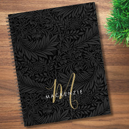 Elegantes Gold-Monogramm Schwarzes Blumenmuster Notizbuch