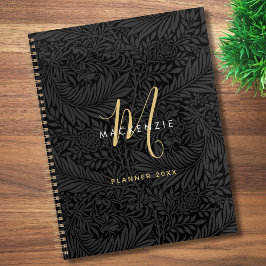 Elegantes Gold-Monogramm Schwarzes Florales 2026 Planer