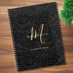Elegantes Gold-Monogramm Schwarzes Florales 2026 Planer