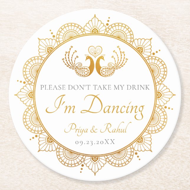 Elegantes Gold Muster Indische Hochzeit Runder Pappuntersetzer (Vorderseite)