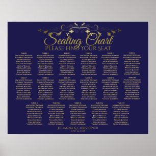 Elegantes Gold & Navy 17 Table Seating Chart Poster