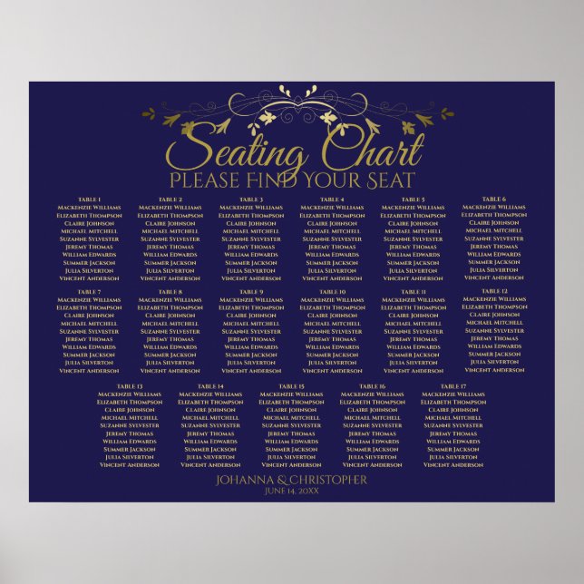 Elegantes Gold & Navy 17 Table Seating Chart Poster (Vorne)
