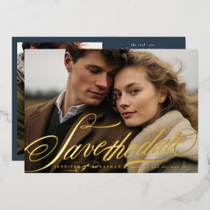 Elegantes Gold Navy Blue Calligraphy QR Code Foto Folieneinladung