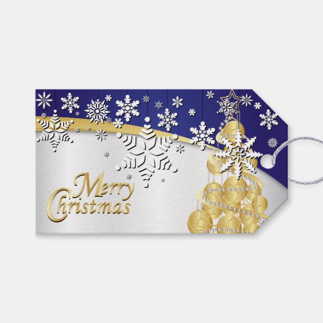 Elegantes Gold, Navy Blue und White Christmas Geschenkanhänger (Vorderseite (Horizontal))