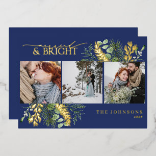 Elegantes Gold Navy Blue Verheiratet & Bright Foto Folien Feiertagskarte