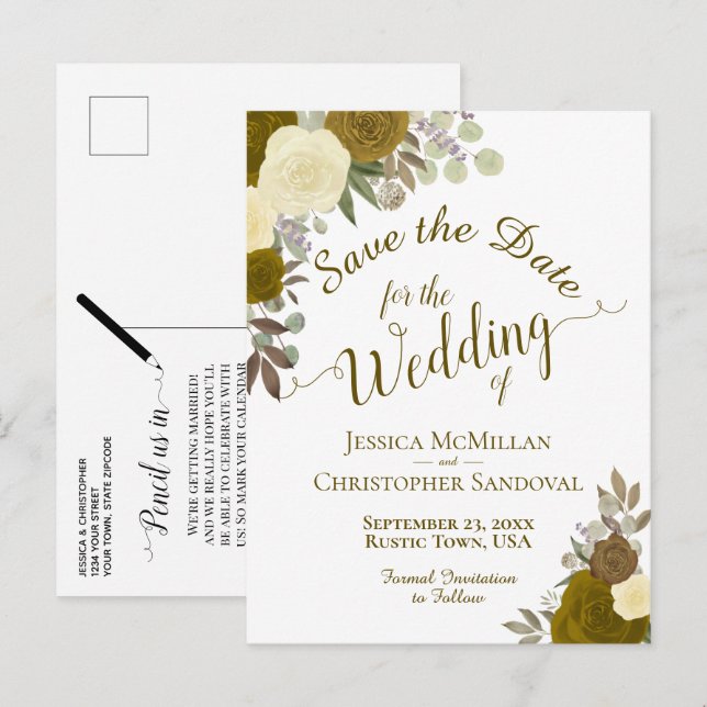 Elegantes Gold oder Gelbe Rosen Hochzeit speichern Ankündigungspostkarte (Vorne/Hinten)