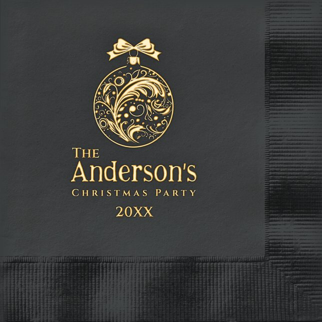 Elegantes Gold Ornament Personalisiertes Weihnacht Servietten Mit Folie (Elegant Black and Gold Foil Personalized Family Christmas Party Napkins - Filigree Ornament Design)