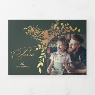 Elegantes Gold Peace Calligraphy Botanisches Foto Dreifach Gefaltete Urlaubskarte