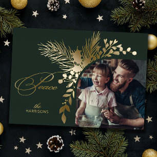 Elegantes Gold Peace Calligraphy Botanisches Foto Folien Feiertagskarte