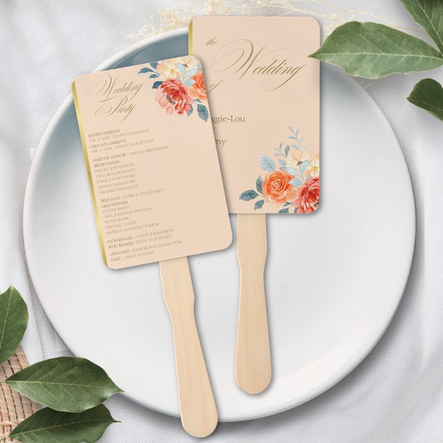 Elegantes Gold Peach Floral Script Hochzeitsprogra Fächer (Von Creator hochgeladen)