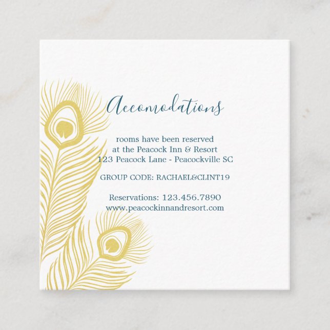Elegantes Gold Peacock Wedding Hotel Unterkünfte Begleitkarte (Vorderseite)