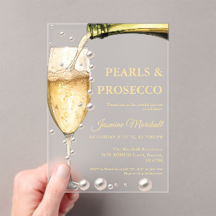 Elegantes Gold Perlen & Prosecco Brautparty Acryleinladungen