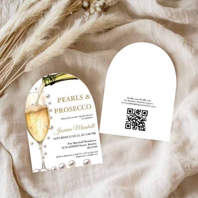 Elegantes Gold Perlen & Prosecco Qr Brautparty Einladung (Von Creator hochgeladen)