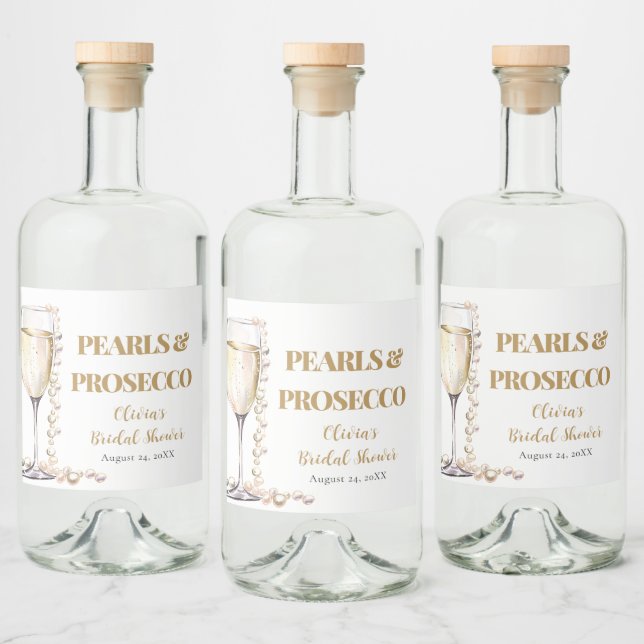 Elegantes Gold Perlen und Prosecco Brautparty Alkoholflaschenetikett (Flaschen)