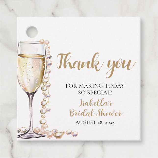 Elegantes Gold Perlen und Prosecco Brautparty Geschenkanhänger (Vorderseite)