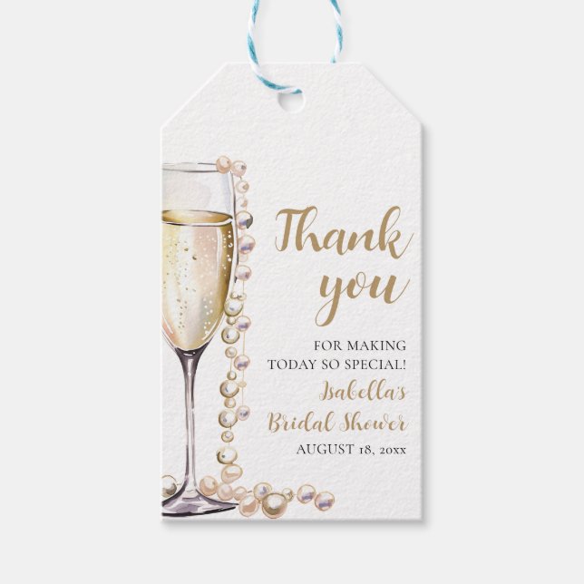 Elegantes Gold Perlen und Prosecco Brautparty Geschenkanhänger (Vorderseite)