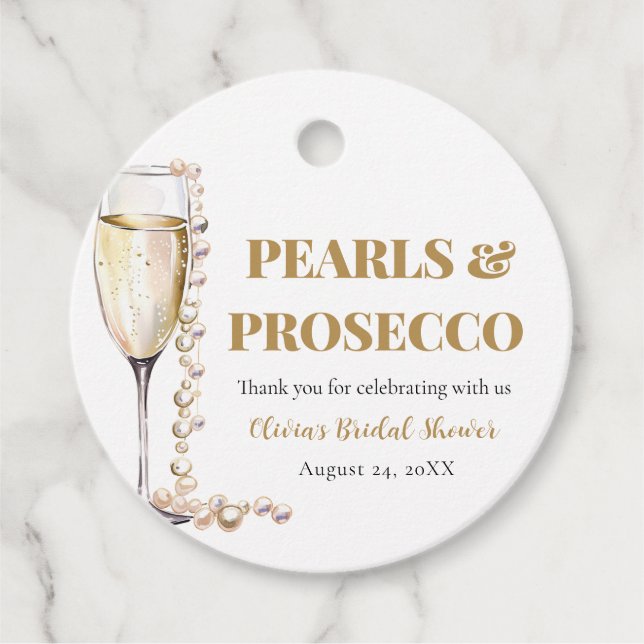 Elegantes Gold Perlen und Prosecco Brautparty Geschenkanhänger (Vorderseite)