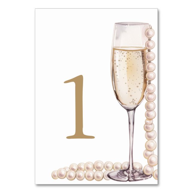 Elegantes Gold Perlen und Prosecco Brautparty Tischnummer (Vorderseite)