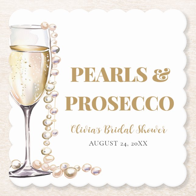 Elegantes Gold Perlen und Prosecco Brautparty Untersetzer (Vorderseite)