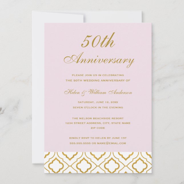 Elegantes Gold & Pink 50. Hochzeitstag Einladung (Vorderseite)