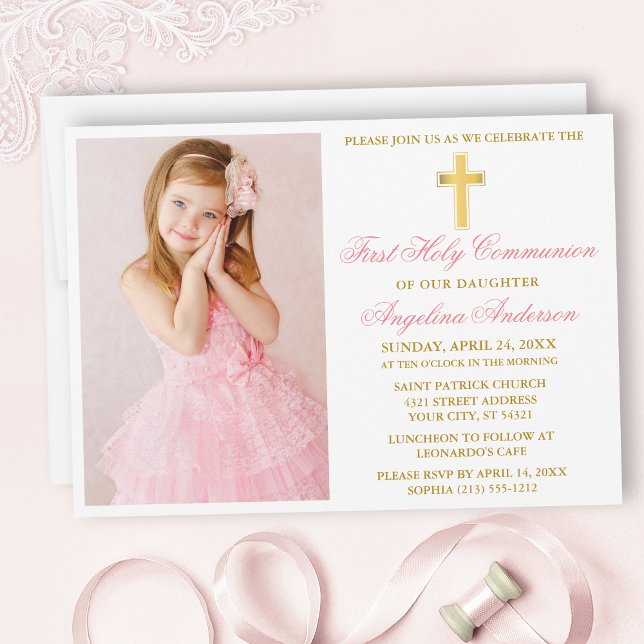 Elegantes Gold Pink Erste Kommunion Foto Einladung (Customize to change text color, size, style or to add more text to back of card.)