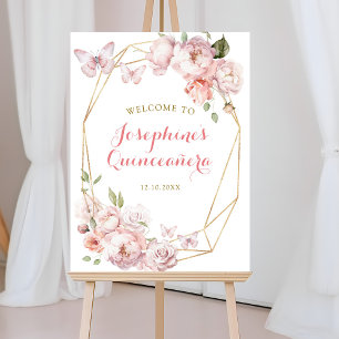 Elegantes Gold Pink Floral Mis Quince Begrüßungsze Poster