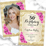 Elegantes Gold Pink Foto 50. Geburtstag Einladung<br><div class="desc">Elegante florale feminine 50. Geburtstagseinladung mit Ihrem Foto auf der Kartenrückseite. Glam-Design mit Imitaten Glitzer Gold. Verfügt über goldene Streifen, rosa Rosen, Skript-Schriftart und Konfetti. Ideal für ein stilvolles Party für Erwachsene. Personalisieren Sie Ihre persönlichen Daten. Kann für jedes Alter angepasst werden! Gedruckte Zazzle Einladungen oder Sofortdownload digitalen druckbaren Vorlage....</div>