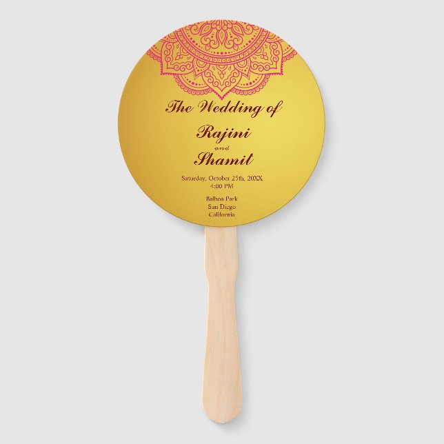 Elegantes Gold Pink Paisley Indian Wedding Program Fächer (Vorderseite)