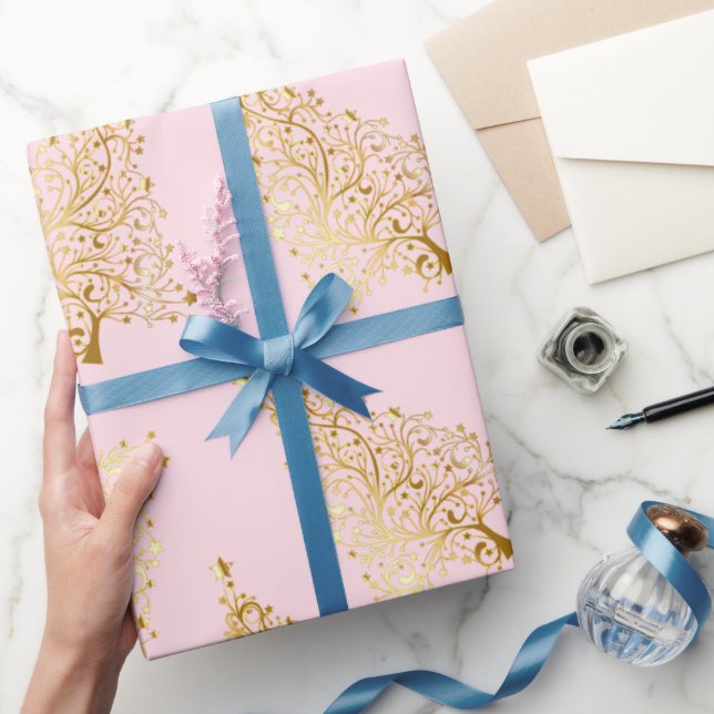 Elegantes Gold & Pink Weihnachtsbaummuster Geschenkpapier (Schenken)
