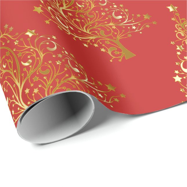 Elegantes Gold & Red Christmas Tree Muster Geschenkpapier (Rolleneckpunkt)