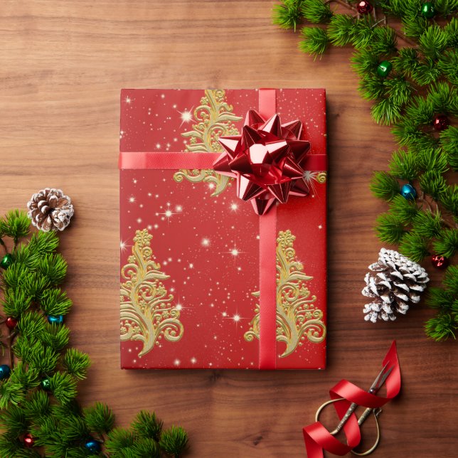 Elegantes Gold & Red Christmas Tree Muster Geschenkpapier (Feiertagsgeschenk)