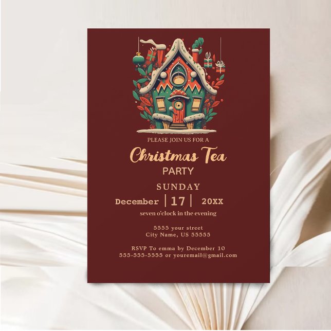 Elegantes Gold & Red House Weihnachts-Party Einladung (Elegant Gold & Red House Christmas Tea Party Invitation)