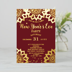 Elegantes Gold Red Mandala Silvester Party Folieneinladung