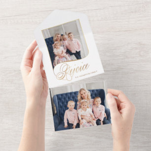 Elegantes Gold Rejoice Kalligrafie-Script Foto All In One Einladung