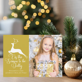 Elegantes Gold Rentier Weihnachtsfamilie Foto Feiertagskarte