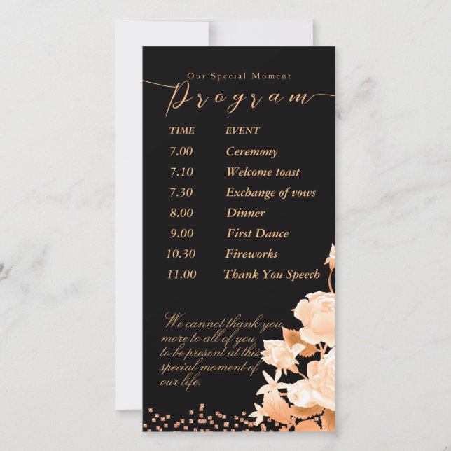 Elegantes Gold Rose Black Wedding Programm (Vorderseite)